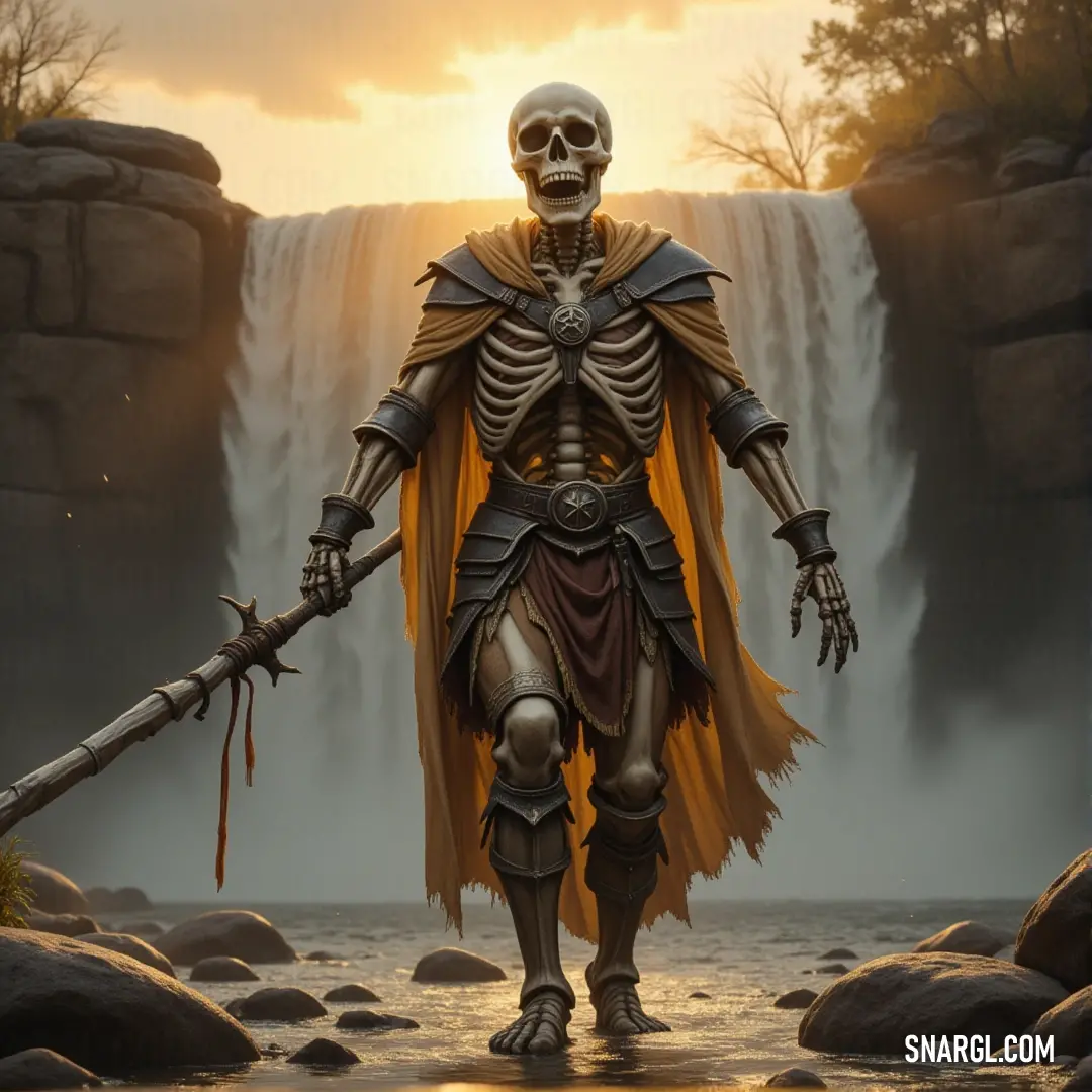 The Bone Thief, sword drawn, stands before a majestic waterfall, shrouded in mist and mystery. The Bone Thief, a skeletal figure armed with a sword, stands defiantly before a massive waterfall, the roaring water cascading behind him while mist rises, enveloping the scene in an air of mystery and danger.