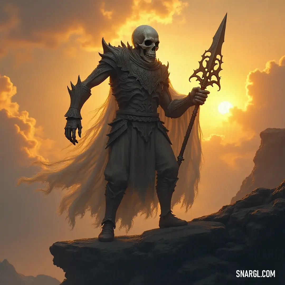 Bathed in the warm hues of sunset, the Bone Wraith stands on a craggy rock, holding a sword aloft, her silhouette framed by the vibrant clouds, a warrior poised against the fading light.