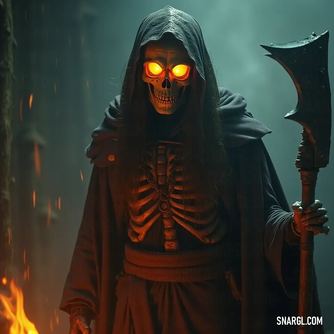 In a dimly lit chamber filled with swirling flames, the Bone Wraith stands, her wise gaze fixed on a glowing sceptacle, embodying a spirit intertwined with ancient secrets and fire's raw energy.
