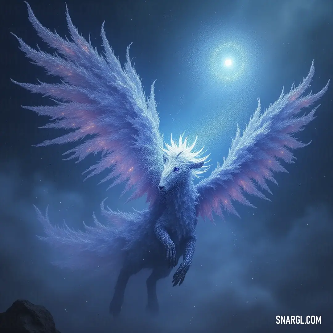 A celestial being with stunning wings soaring through the night sky, illuminated by the bright moon, symbolizing freedom and hope. Soaring high above the clouds, a celestial figure draped in white and blue wings gracefully navigates the night sky, with a luminous moon illuminating their path, evoking dreams and aspirations.