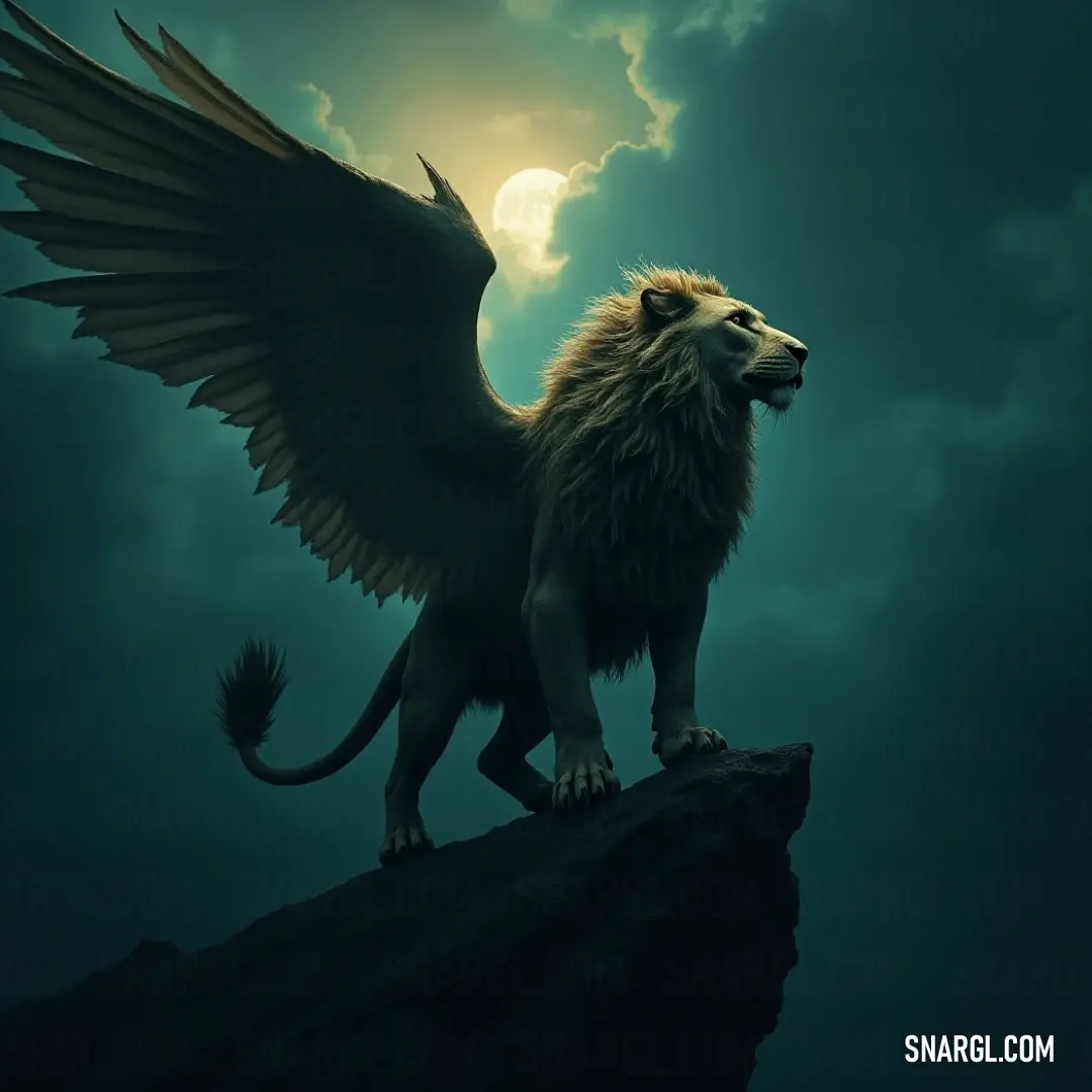 Celestial Sage with wings standing on a rock under the full moon. In a serene moonlit setting, the Celestial Sage stands triumphantly upon a jagged rock, illuminated by the full moon and enveloped in soft clouds, representing the harmony between light and darkness in a moment of tranquil beauty.