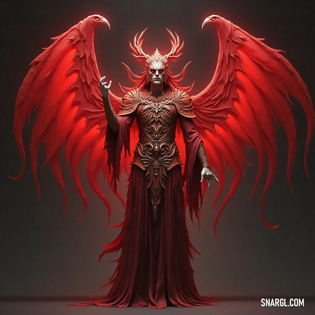 A powerful depiction of a dark figure representing The Cherubim, adorned with vibrant red wings and a striking headpiece featuring a cherubic face, standing defiantly amidst a backdrop of rugged cliffs and untamed nature. A powerful depiction of a dark figure representing The Cherubim, adorned with vibrant red wings and a striking headpiece featuring a cherubic face, standing defiantly amidst a backdrop of rugged cliffs and untamed nature.