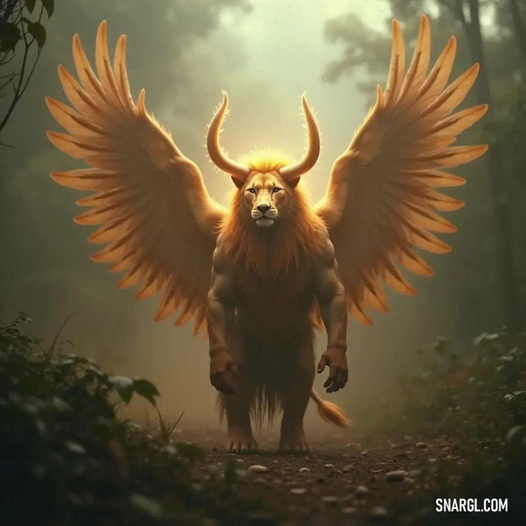A stunning Cherubim, wings unfurled, stands amidst a mystical forest shrouded in fog, creating an aura of mystery and magic, drawing the observer into its enchanting realm.