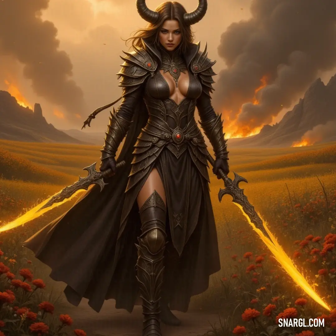 In this breathtaking scene, The Chosen One dressed in shining armor wields her sword amidst a kaleidoscope of colorful flowers, with majestic mountains framing the horizon, embodying strength and beauty. The Chosen One stands resolute in gleaming armor, a sword raised high, surrounded by a vibrant field of wildflowers and dramatic mountains standing tall in the background, representing nature's beauty as a canvas for her valor.