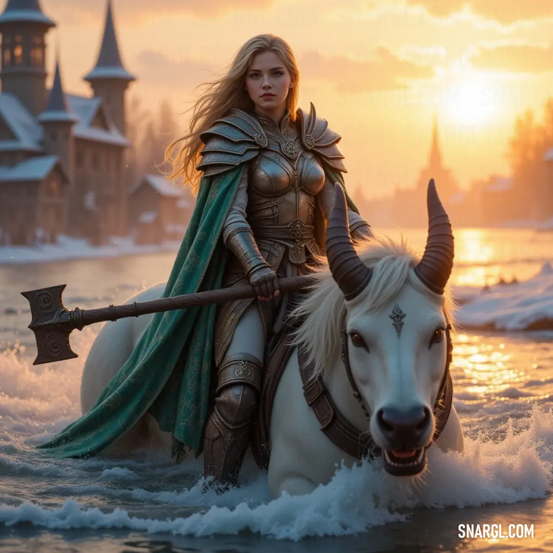 The Chosen One, a valorous warrior, rides a noble white horse through a flowing river, spear in hand, and a vivid green cape fluttering behind her, symbolizing hope and bravery in a dynamic landscape. A heroic figure known as The Chosen One, galloping majestically on a white horse through a shimmering river, a spear firmly gripped in one hand, while vibrant green fabric of her flowing cape billows dramatically in the breeze.