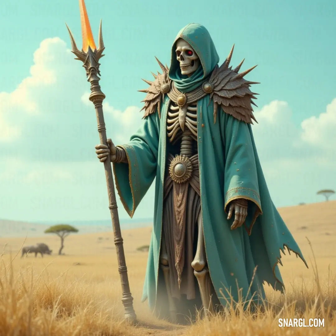 The Crumbling, draped in a green robe and clutching a staff, stands in a grassy field under an expansive sky, a figure of mystery and forgotten history. A mysterious figure known as The Crumbling stands in a field of tall grass, wearing a green robe and holding a staff, while a wide-open sky stretches above, hinting at an ancient tale.