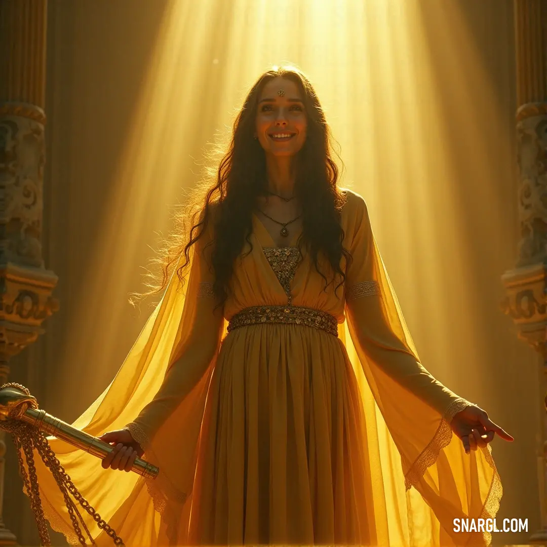A crying ghost, cloaked in a yellow dress, bathed in an ethereal light that casts sorrowful shadows on her head and arms. A ghostly figure draped in a flowing yellow dress stands in a dimly lit space. A soft light shines down, casting an eerie glow on her arms and head, amplifying the sorrowful, ethereal presence of this mournful apparition.