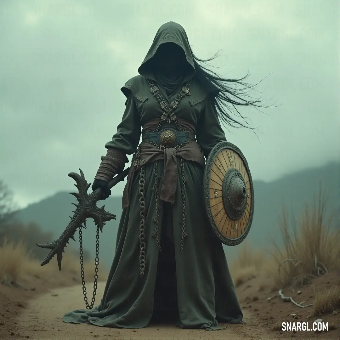 A mysterious shade in green, armed with a sword and shield, stands resolute with a dragon on its back, amidst a fog-filled scene of foreboding power. A shadowy figure in a green outfit, holding a sword and shield, stands tall as a massive dragon looms behind, its powerful form blending with the mysterious fog that surrounds them in the eerie landscape.