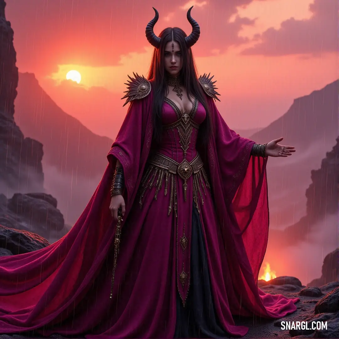 The Crying Wraith, adorned in red and black, stands in a rocky landscape, bathed in the golden glow of a setting sun that illuminates the mountain range behind her. The Crying Wraith, dressed in a striking red and black outfit, stands in a rocky terrain, with a vibrant sunset behind her, casting shadows that stretch across the jagged landscape.