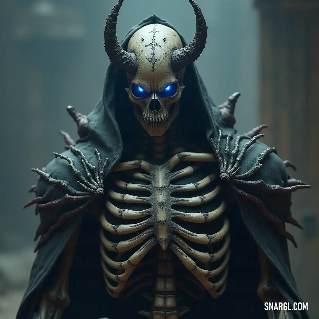 Emerging from the darkness, The Dark Bone commands attention with its striking blue eyes and imposing horns, embodying an aura of enchantment while blending into the enigmatic shadows around it. A cloaked figure known as The Dark Bone, features gleaming blue eyes and dramatic horns, stands confidently against a backdrop of swirling shadows, projecting an aura of mystique and power.