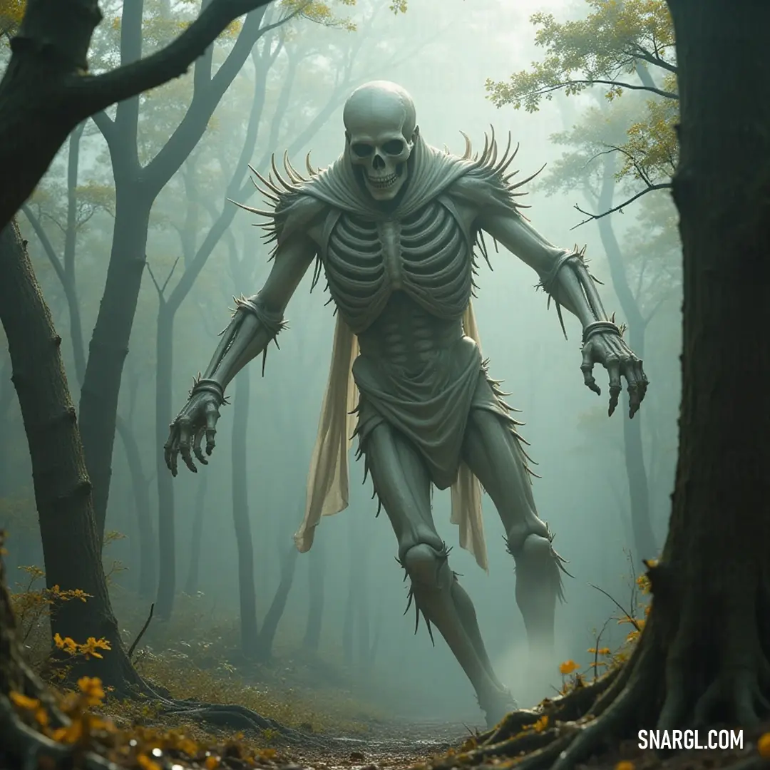 The Dark Bone shrouded in fog, lurking within an enchanting forest of ancient trees, where secrets whisper among the mist. A mysterious figure, known as The Dark Bone, stands amidst towering trees in a fog-laden forest, shrouded in an aura of mystique, inviting you into its haunting realm.