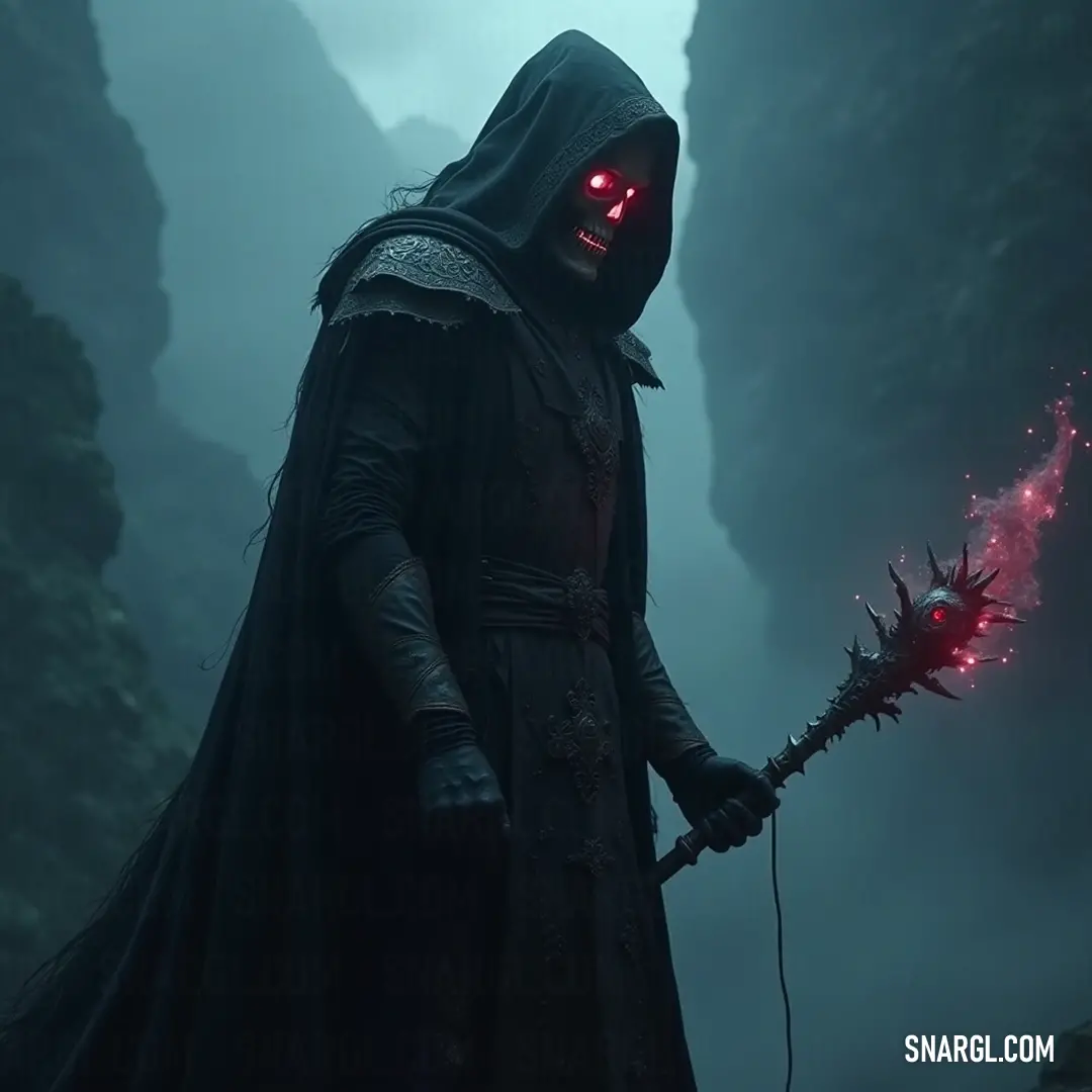 Encased within a foreboding cave, the Dark Harvester wields a luminous red light stick, illuminating the rocky surroundings and casting eerie shadows while the stark mountains bear witness to this unsettling journey. In the depths of a dark cave, the Dark Harvester ignites the darkness with a glowing red light stick, the mountains looming ominously in the backdrop. The cave's jagged edges add to the tactile suspense of the environment he navigates.