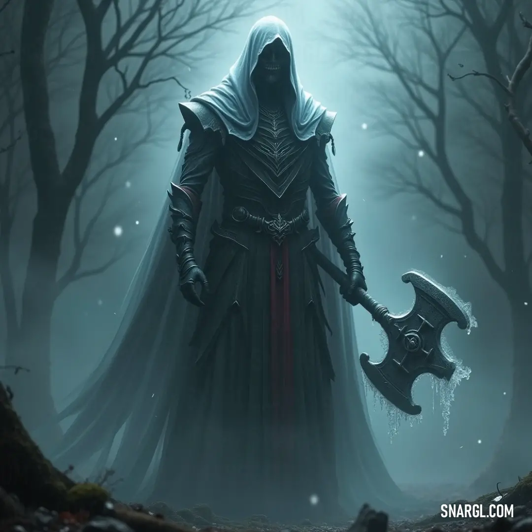 The Dark One, a powerful entity in a hooded suit, grips a large axe firmly as he navigates through a fog-enshrouded forest, a daunting figure of intrigue and danger. A formidable figure known as The Dark One, clad in a hooded suit and wielding a massive axe, stands in a shadowy forest where fog thickens the air, an imposing presence amidst ancient trees.