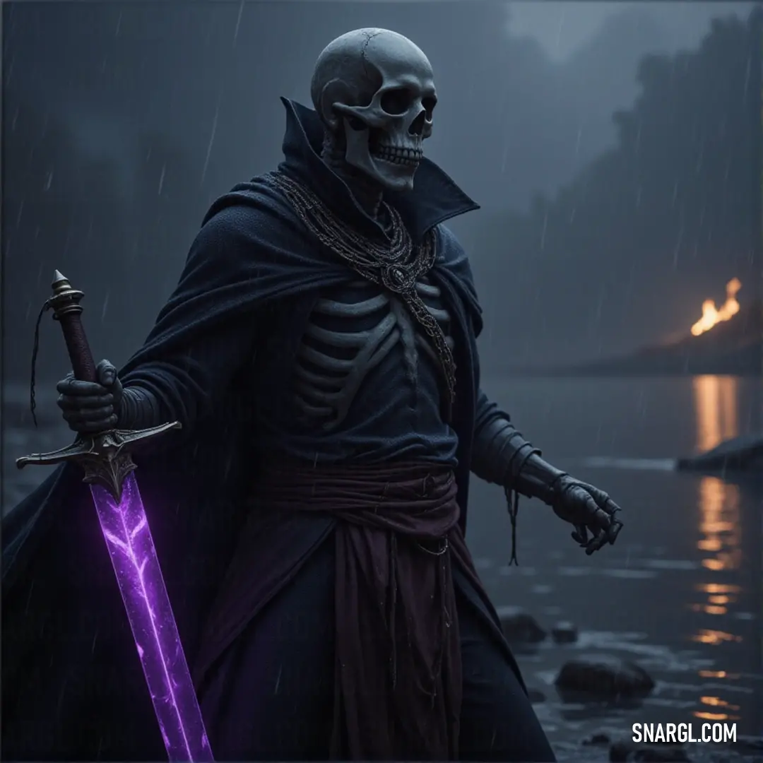 The Dark Reaper stands in a black robe, wielding a glowing purple sword and a dark sword, ready to unleash his supernatural wrath. The Dark Reaper stands tall in a flowing black robe, holding a glowing purple sword in one hand and a dark sword in the other, his haunting presence casting a shadow over the world. The ominous energy around him warns of his power and wrath.