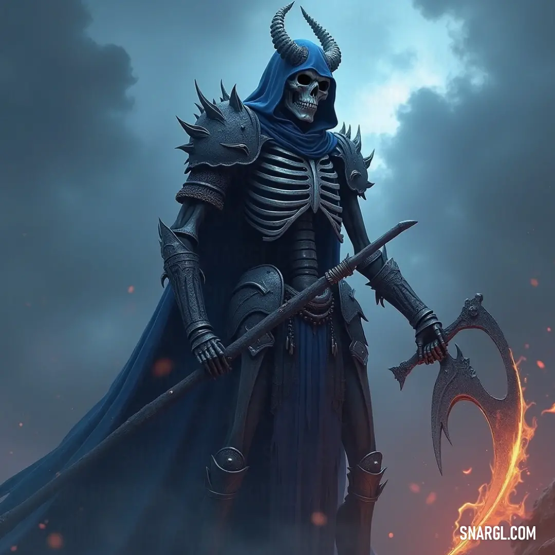 The Dark Reaper, in his suit, holds a staff and fireball, with swirling clouds around him, embodying an aura of dark power. The Dark Reaper stands in a dynamic pose, holding a staff and fireball in one hand, as dark clouds swirl around him. His silhouette is outlined by the fiery glow of the orb, adding to the otherworldly power he emanates.