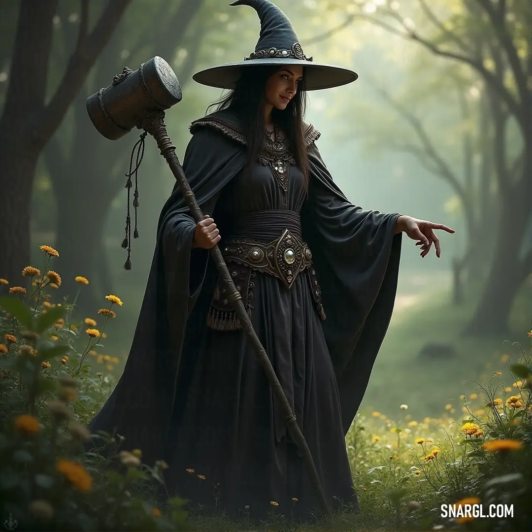 The Dark Wizard, dressed in a witch’s attire, holds a broom and bucket amidst the enchanting setting of a forest filled with yellow flowers and mystical trees. The Dark Wizard, cloaked in a witch’s costume, holds a broom and bucket in a mist-filled forest, where yellow flowers and ancient trees add a touch of magic to the scene.