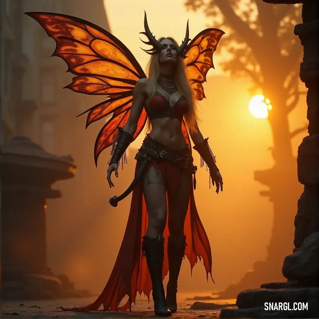 The Dawn Fairy, adorned with dragon wings and a demon headpiece, embodies strength and mysticism in a costume that blends both beauty and danger. The Dawn Fairy, wearing a costume adorned with dragon wings and a demon headpiece, stands proudly, her look both fierce and captivating, embracing her mystical powers.