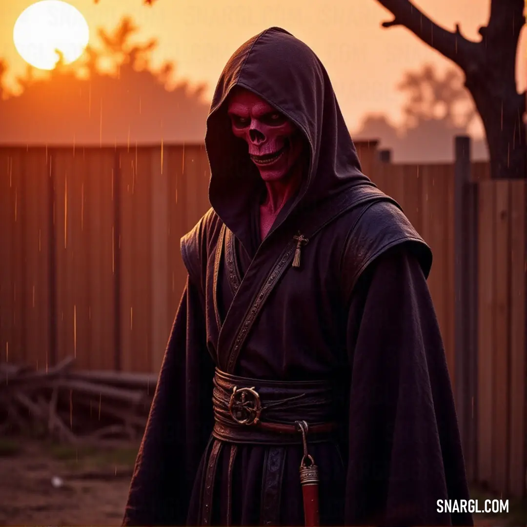 A mysterious figure stands in the rain at sunset, cloaked in a dark robe and mask. A tree looms behind them, its branches silhouetted against the darkening sky, while the rain falls in a steady rhythm, adding to the figure’s ominous presence.