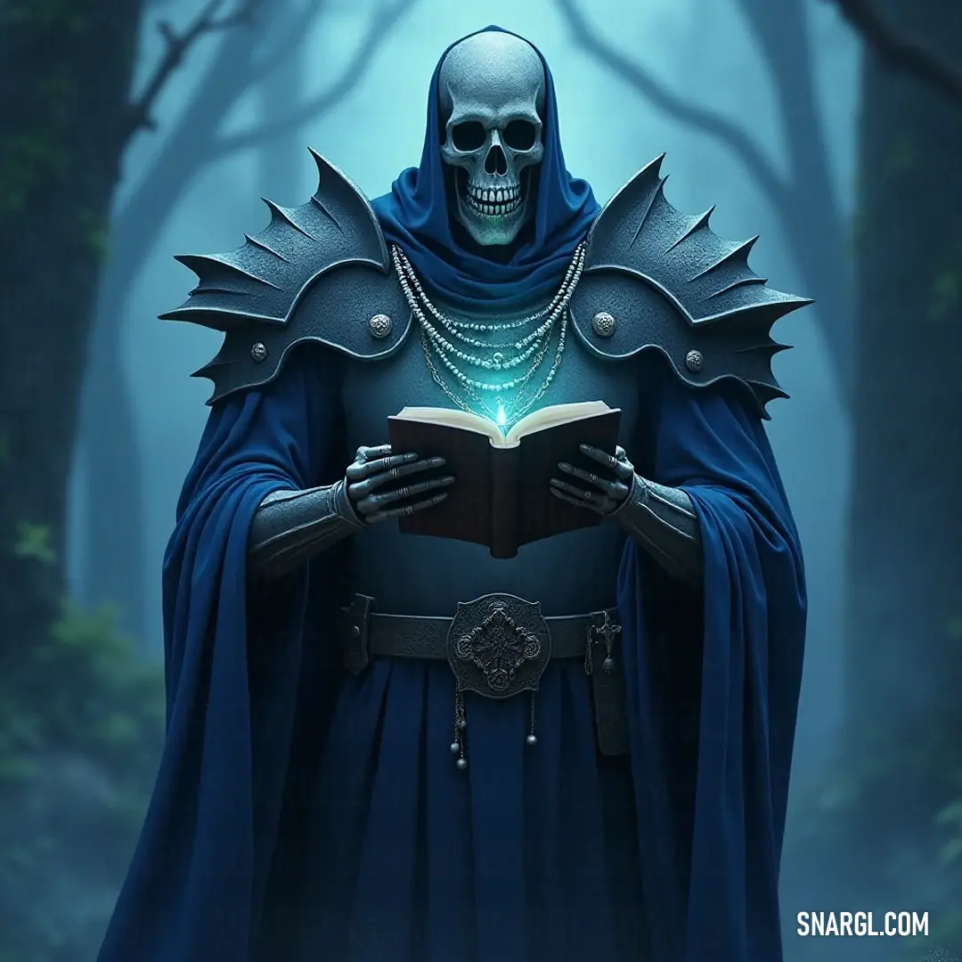 A majestic Death Knight adorned in a blue cloak, grasping an ancient book in a mystical forest filled with towering trees and enchanting light. A regal Death Knight cloaked in ethereal blue fabric stands amidst ancient trees, clutching an ancient tome. Soft, shimmering light penetrates the forest canopy, casting an otherworldly glow over the mystical surroundings, hinting at forgotten knowledge a