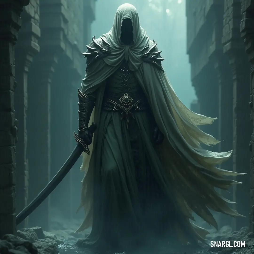 The Death Wraith, cloaked in shadow, holding a sword, stands in a misty alleyway with eerie light pouring from windows. The Death Wraith, draped in a shadowy cloak, stands in a foggy alley, gripping a sword. The misty light from nearby windows casts an eerie glow, amplifying the sinister, haunting presence of the figure.