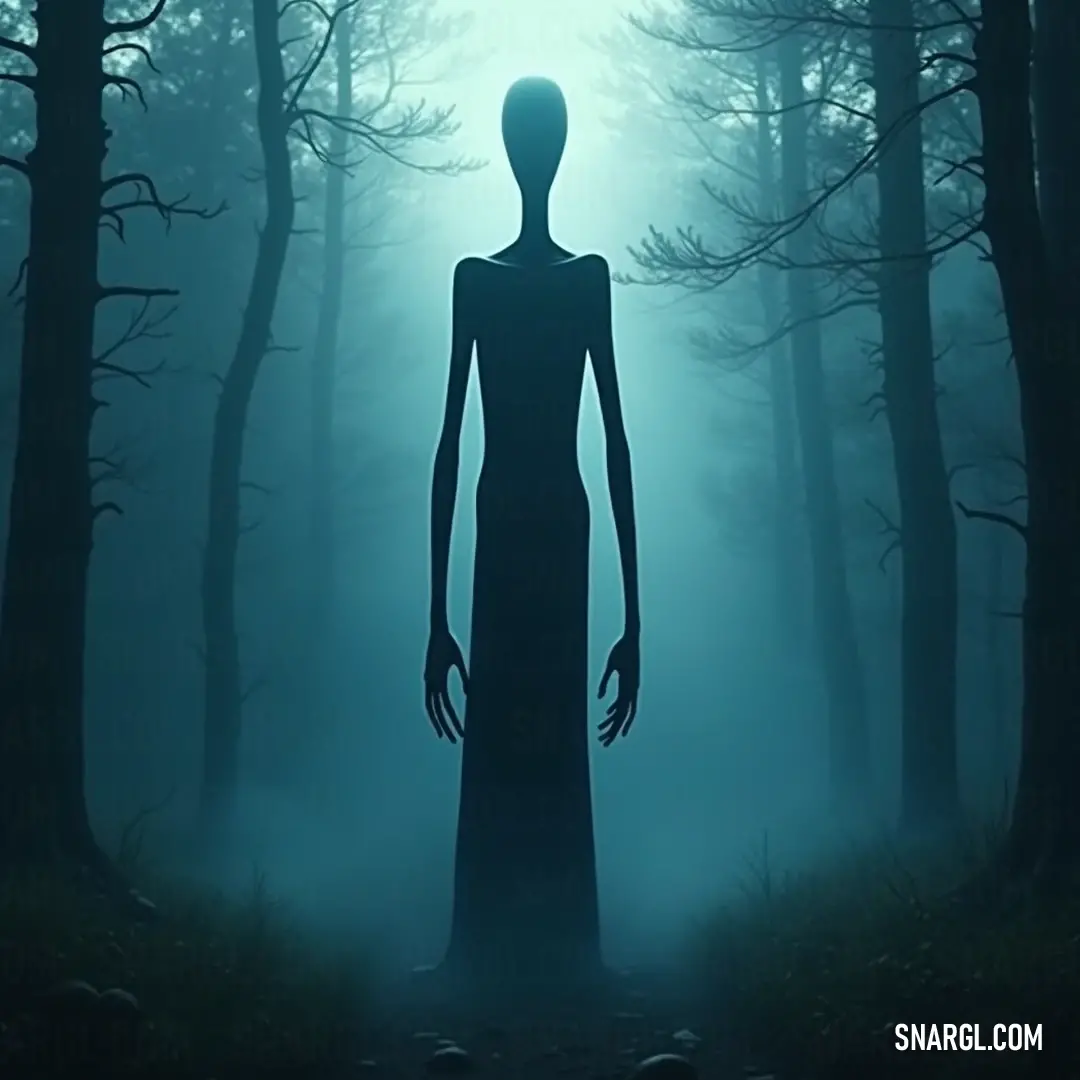 A creepy figure emerges from the depths of an ominous forest, surrounded by dense fog and looming trees, creating an ambiance of fear and intrigue in the shadows of the night. A shadowy figure lurks in a dark forest, enveloped in thick fog. The scene is dense with towering trees, creating an atmosphere ripe with suspense and the unknown, evoking curiosity and fear simultaneously.