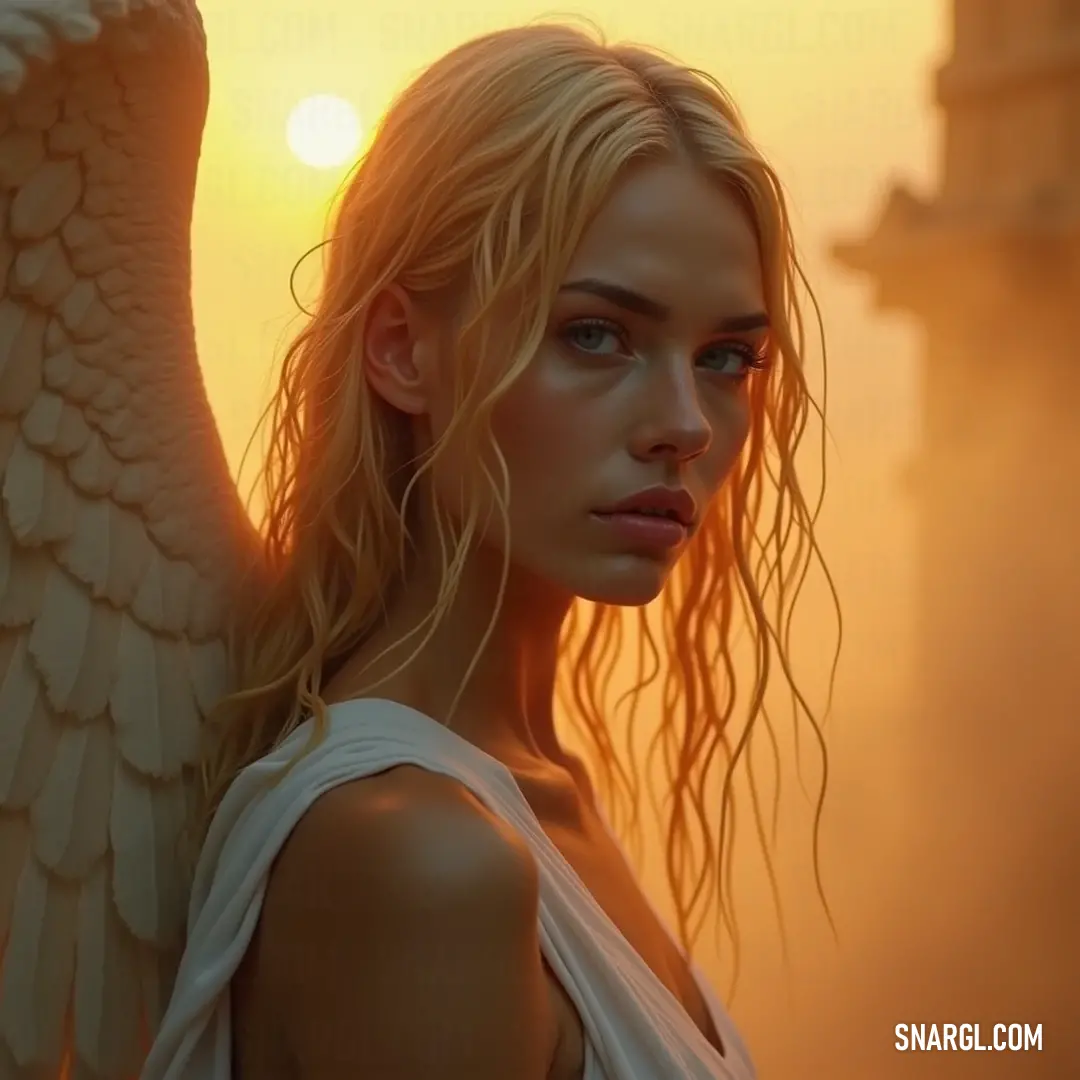 Angelic figure with flowing blonde hair and pristine white attire, exuding grace and tranquility amid nature's beauty. A radiant being with long golden locks, draped in a pure white top, showcases her ethereal wings as she stands gracefully, embodying grace and tranquility in her heavenly presence.