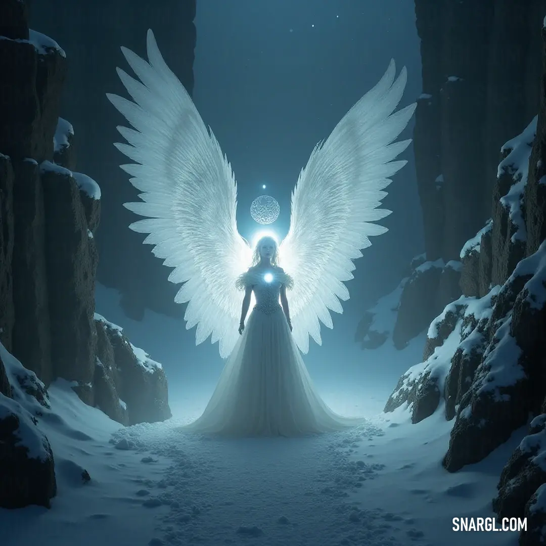A beautiful figure with angel wings stands in a serene snowy landscape, where soft snowflakes fall gently around her, illuminated by a bright light, capturing the essence of purity amid the tranquil beauty of winter's embrace. A divine figure enchants the snowy landscape, adorned with radiant angel wings and a shimmering light above her head. The soft, glimmering snowflakes settle around her, enhancing the purity and magic of this enchanting winter scene.