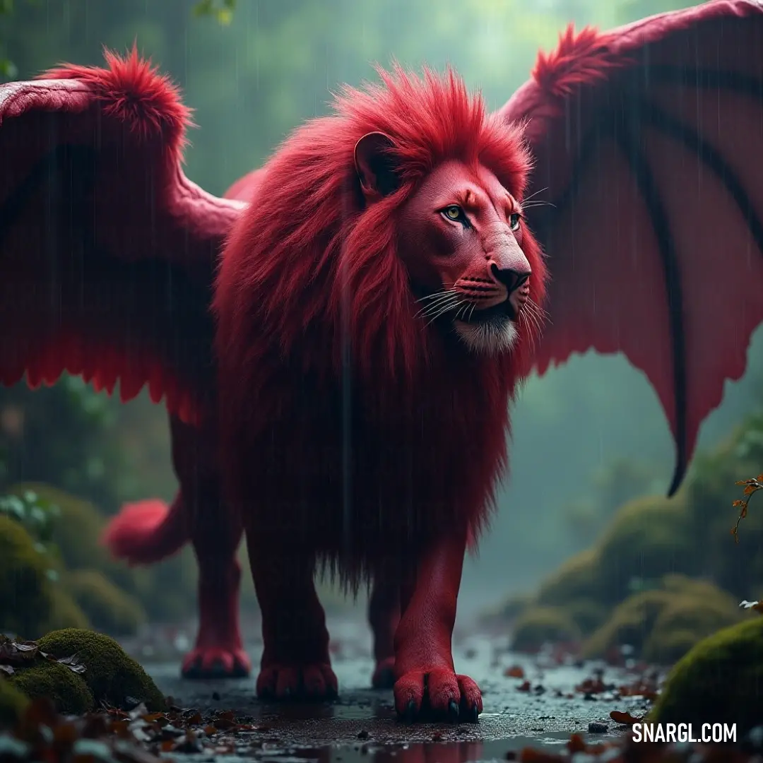 An intense red entity stands stoically under the pouring rain, its eyes shut in contemplation, capturing a powerful moment where nature's fury meets inner strength and resolve. A striking red figure stands resolutely in the rain, its eyes gently closed, as raindrops cascade around it, creating a dramatic atmosphere that emphasizes its strength and resilience amidst the tempestuous elements.