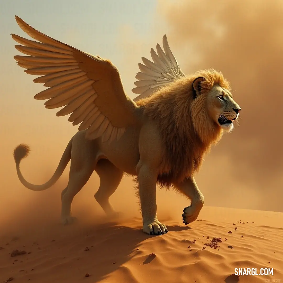 Majestic in its striking appearance, the Divine Protector stands proudly on a desert dune, with monumental sand formations and scattered clouds creating a stunning backdrop against the vast arid expanse.