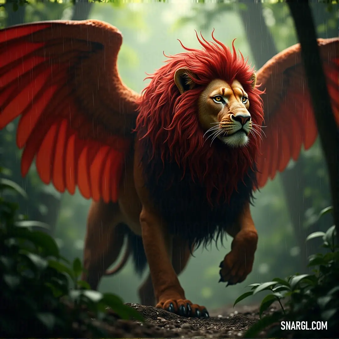 A lion with red wings moves gracefully through a forest, its wings contrasting with the natural surroundings. A lion with vibrant red wings walks through a dense forest, its body glistening with wetness as it steps through a small body of water. The leaves on its back legs add a touch of nature to its majestic form, creating a striking contrast with its wings.