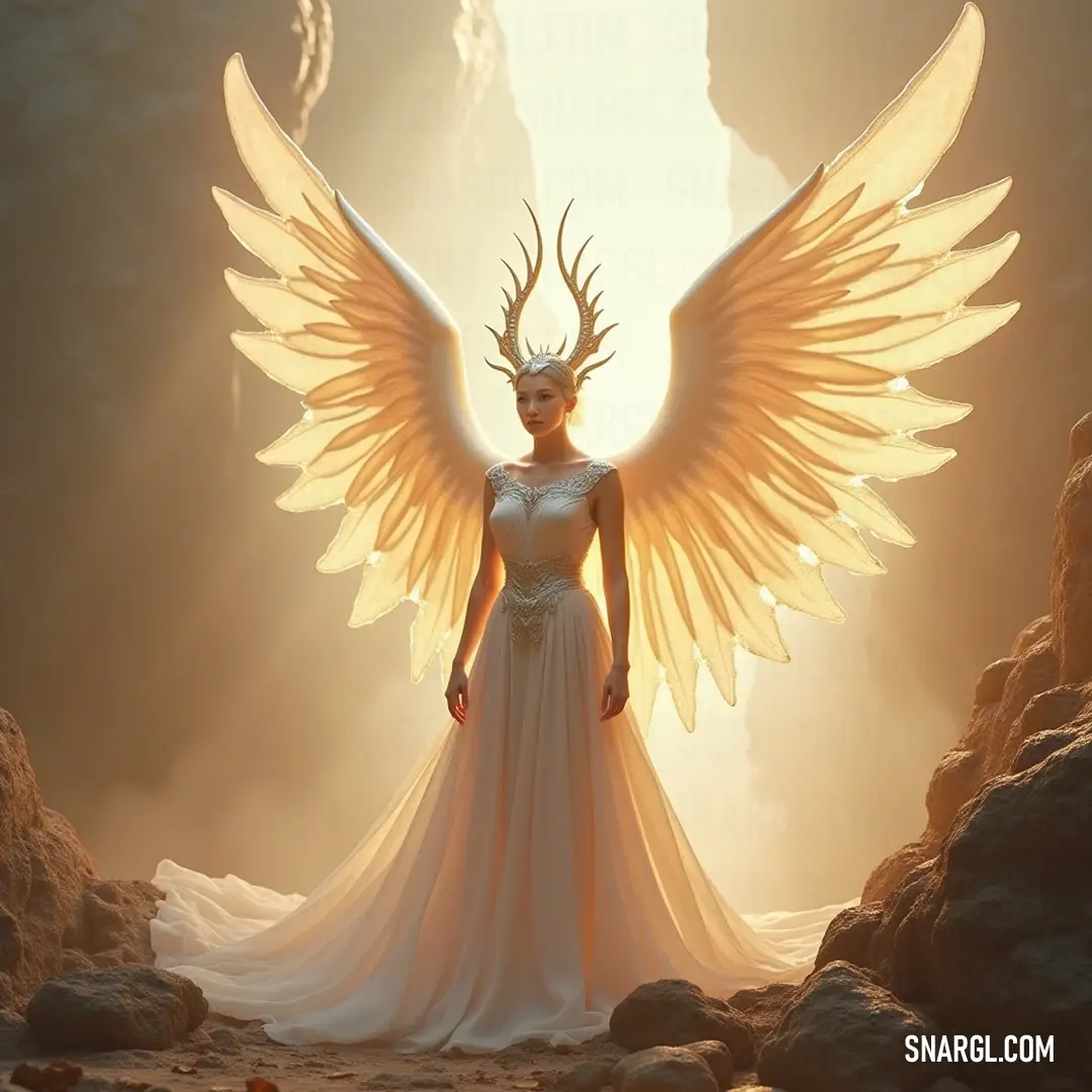 A striking view of The Divine Wheels of Purity with ethereal wings, standing proud on a rocky terrain, framed by a breathtaking sky that casts a mystical aura over the scene.