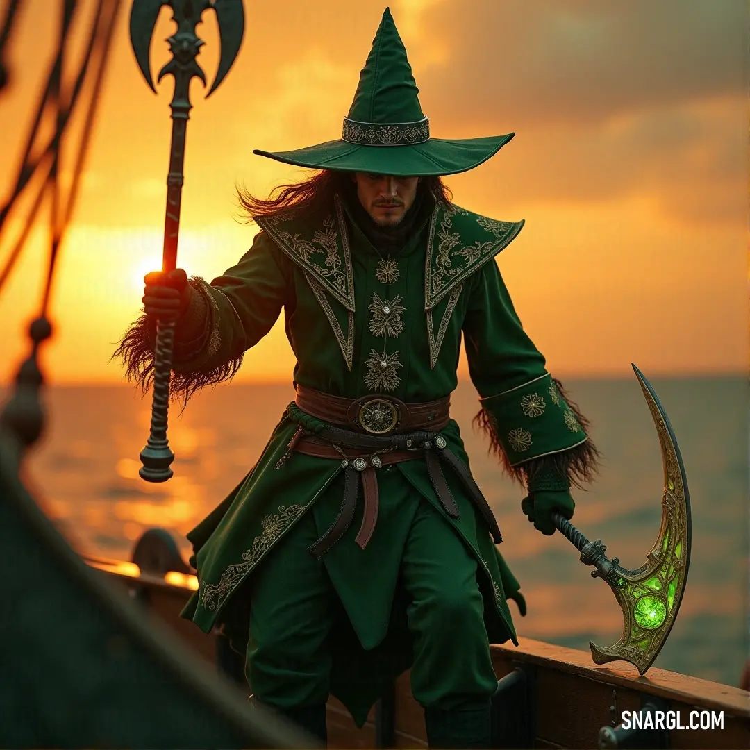 The Enchanter in a green outfit with a green staff, standing on a boat at sunset, embodying the power of nature and magic. The Enchanter, dressed in green with a matching hat, stands on a boat at sunset. He holds a glowing green staff, his presence as commanding as the fading light on the horizon.