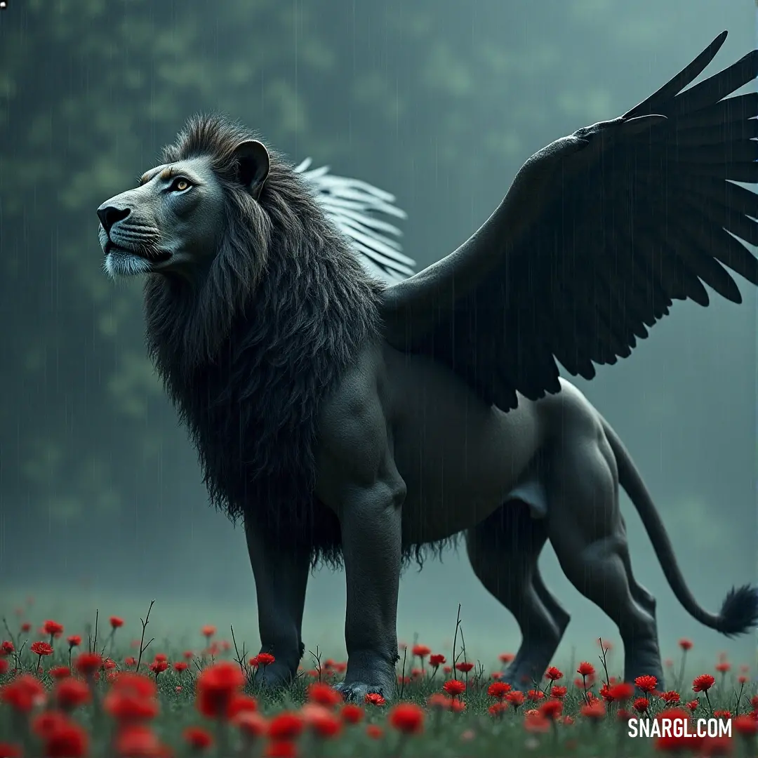 A celestial being with wings stands amidst a colorful flower field, bathed in a rain shower, with a tree standing tall in the background, creating an aura of peace and mystery. A majestic figure with expansive wings stands gracefully in a vibrant field of flowers, its silhouette illuminated by a gentle rain shower. In the distance, a solitary tree reaches for the sky, completing this serene, otherworldly scene.