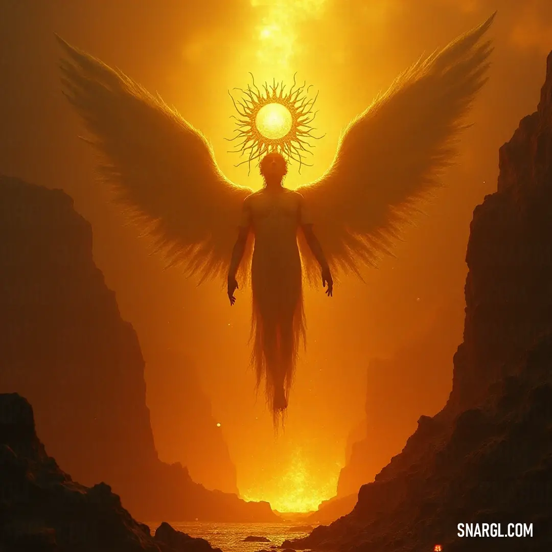 The Eternal Wheels of Wisdom, with splendid wings, standing in a stunning canyon illuminated by the vibrant hues of a sunset. The Eternal Wheels of Wisdom, with majestic wings, gracefully occupy a breathtaking canyon at sunset, surrounded by vibrant colors that radiate from the setting sun, creating a halo of golden light around them.