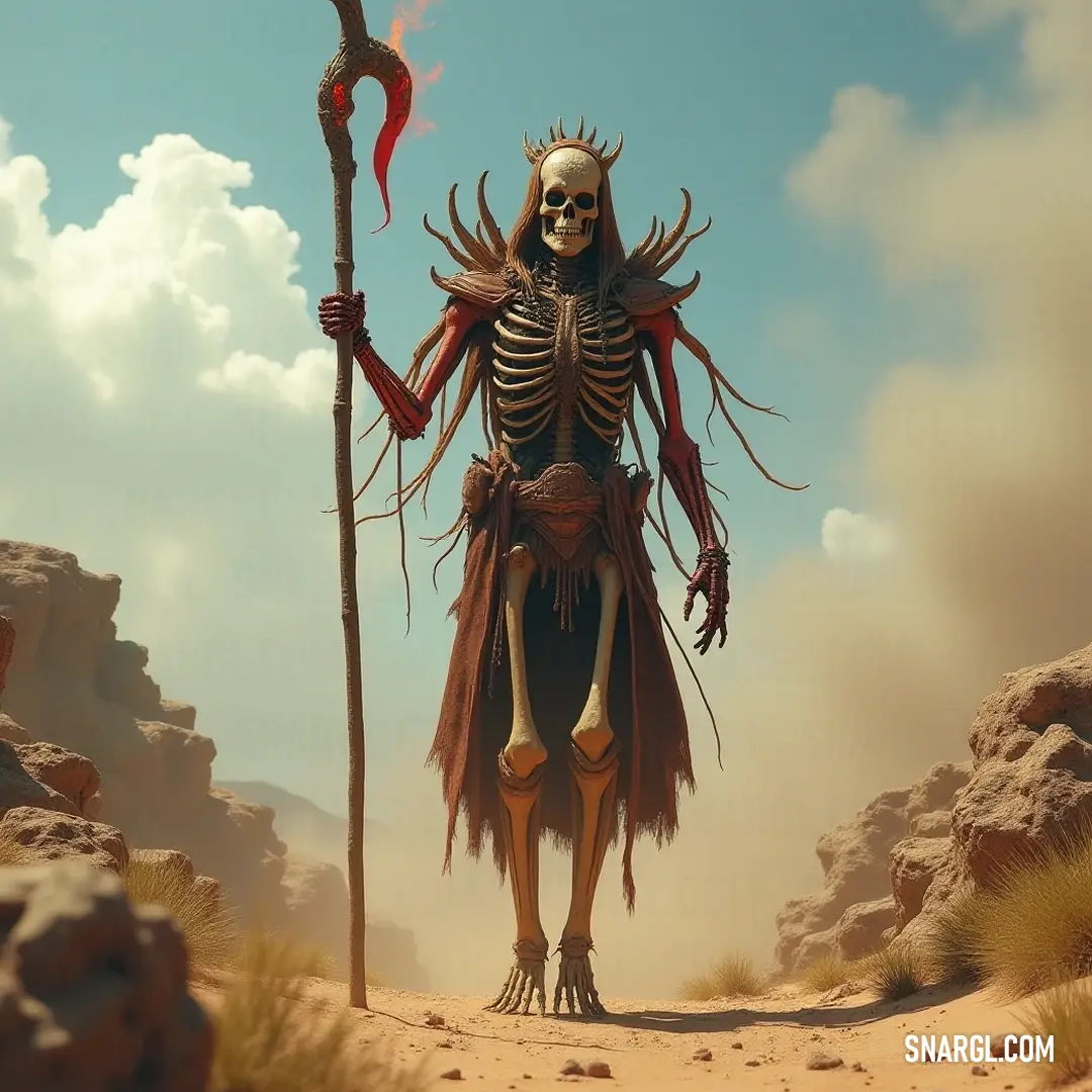 In an expansive desert landscape, a commanding figure holds a staff and scepter, symbolizing the synergy of strength and wisdom against the backdrop of stark, sandy plains. Against a vast desert landscape, a dignified figure adorned with a scepter confidently stands clutching a staff, representing the fusion of power and wisdom amidst arid desolation.