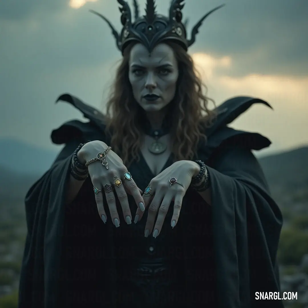 The menacing presence of the Evil Queen, adorned with dramatic horns and intricate rings, commands attention in her elegant black attire and majestic cape. A formidable Evil Queen stands with a striking posture, her sharp horns emerging from an elaborate headdress. Clad in a sleek, black ensemble complemented by a flowing cape, she exudes an aura of power and mystery with ornate rings adorning her hands.