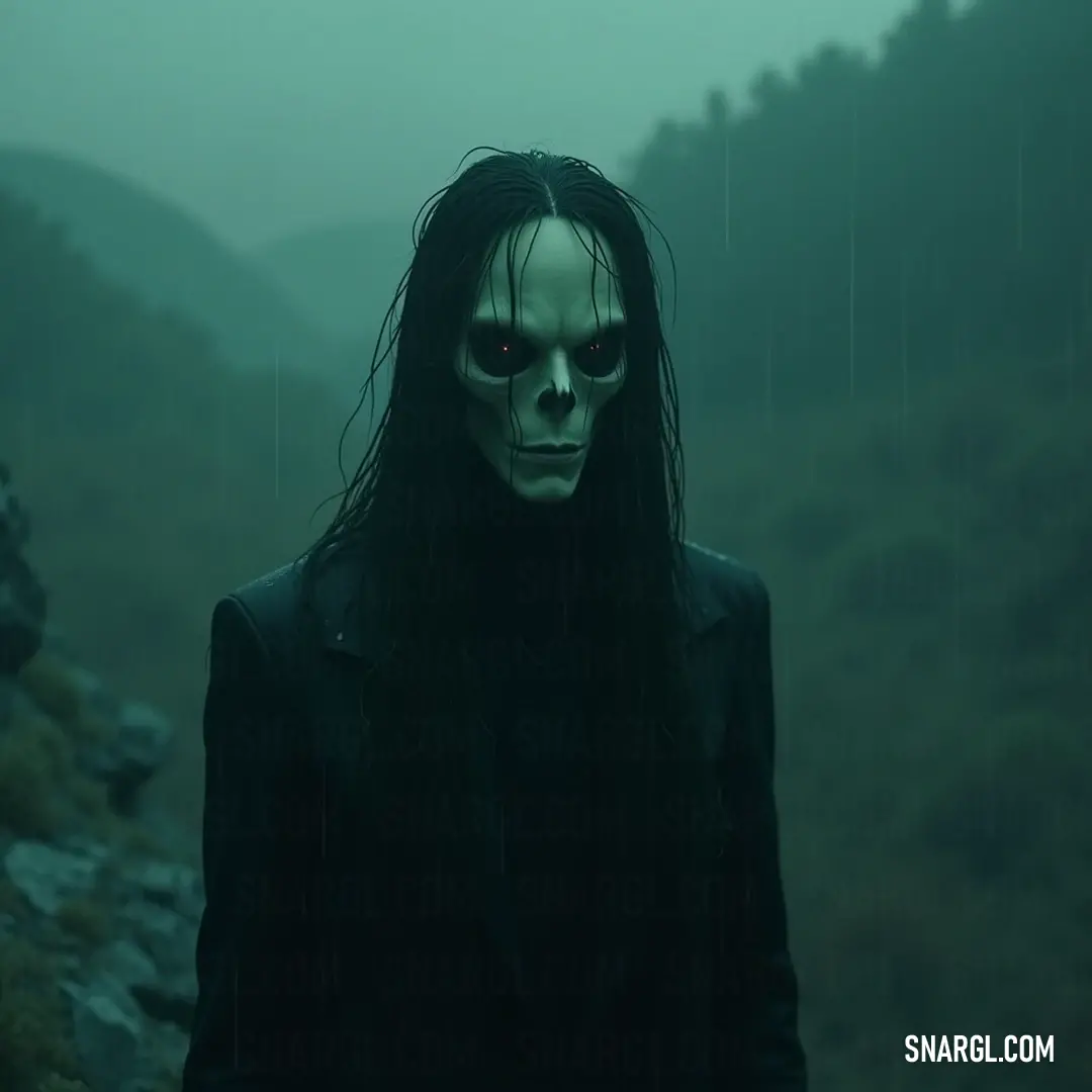 A haunting figure with an eerie face in a dark, rain-drenched forest enveloped in fog. A haunting figure with long hair and a daunting expression wanders through a dark forest, where fog and rain coalesce, creating an unsettling yet captivating atmosphere around them.