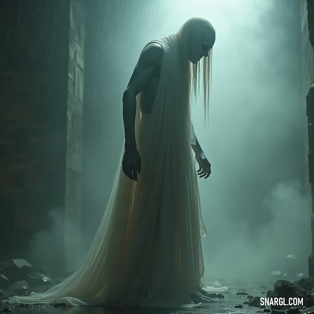 Veiled in mystery, The Faded Wraith in white stands in a dimly lit chamber, surrounded by swirling mist, embodying a melancholic beauty while drawing the viewer into the profound depths of his sorrowful essence. In a shadowy room filled with fog and smoke, The Faded Wraith in a white dress stands with his head bowed, emanating a poignant grace, inviting contemplation of the enigmatic emotion that envelops his spectral existence.