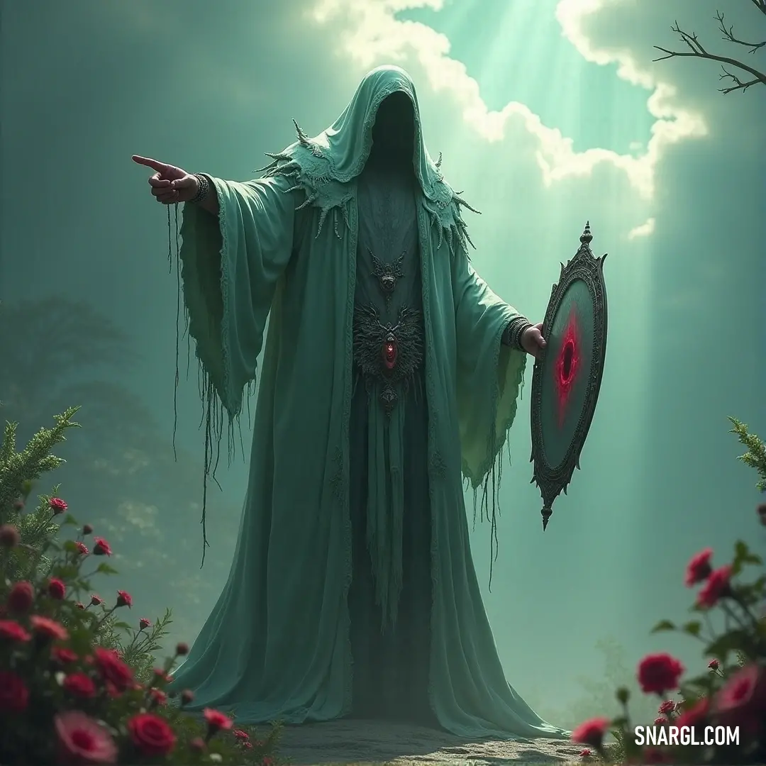The Fading One, draped in a green robe, holds a shield and sword under the expansive sky, embodying mystery and power. A mysterious figure known as The Fading One, dressed in a flowing green robe, holding a shield and sword in a vast, open sky. Their face is obscured, yet the calm demeanor and the ever-changing sky behind them hint at a story untold.