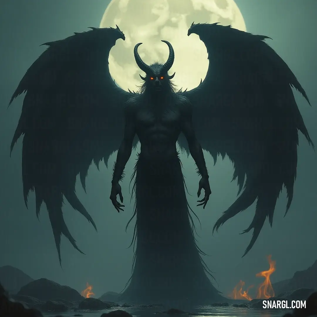 Majestic Fallen Angel with Massive Wings against a Full Moon, Radiating Fire in Its Eyes A majestic Fallen Angel towers before a luminous full moon, its enormous wings unfurled, showcasing intricate feathers. Fiery eyes blaze with a fierce intensity, embodying both beauty and terror in a haunting midnight sky.