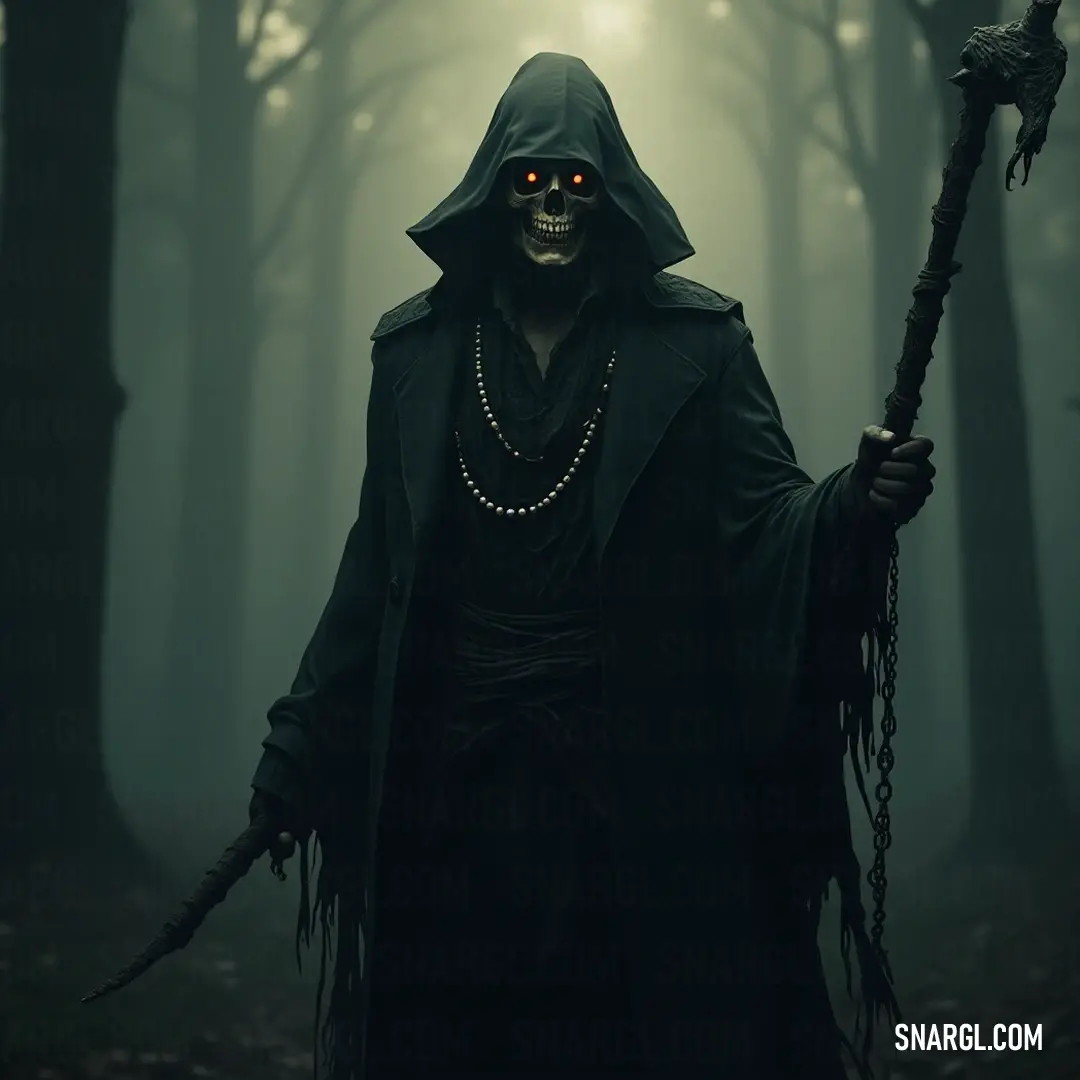 A silhouette in a hooded costume holds an ancient staff, shrouded in fog and light, embodying the spirit of the forest's mysteries. A hooded figure stands stoically in a dark forest, clutching a twisted staff. Wisps of fog swirl around, illuminated by shafts of light breaking through the dense trees, lending an aura of ancient magic to the tranquil yet haunting setting.