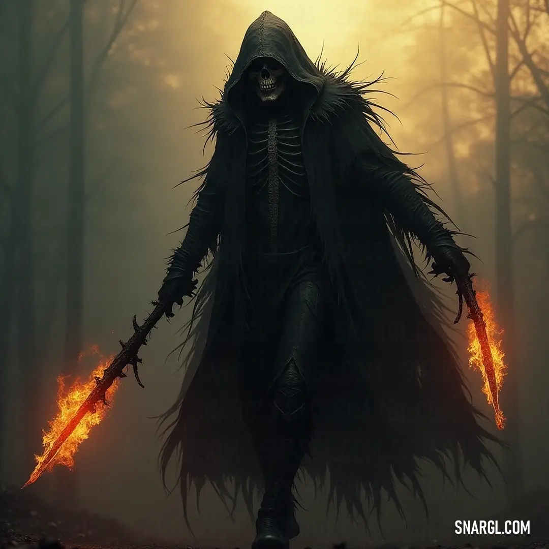 A formidable figure brandishing a blazing sword in a haunting forest, surrounded by mystical flames and an aura of formidable power. Bathed in flames, a hooded figure wields a sword, standing amid the eerie stillness of a dark forest. The flickering light casts haunting shadows as vibrant colors clash with the muted surroundings, creating an unforgettable, intense atmosphere.