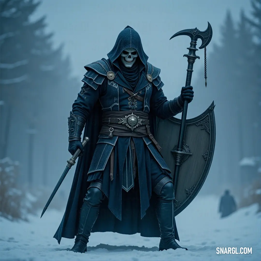 The Ferryman stands solemnly in a snowy landscape, a sword and shield in hand, ready to ferry souls across the desolation. The Ferryman, cloaked in a dark hooded outfit, stands in the snow with a sword in one hand and a shield in the other, prepared to guide lost souls across a desolate landscape. The wintry surroundings heighten the eerie silence of his mission.