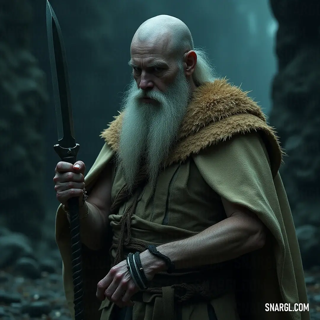 A fierce warrior, gripping his sword tightly, demonstrates resolve and power, clad in fur and armor, with a long beard flowing, ready to confront any challenge that dares approach. A formidable warrior, wielding a sword with determination, dons a fur-collared outfit, his long beard flowing as he stands poised for battle, exuding strength and a fierce sense of duty.