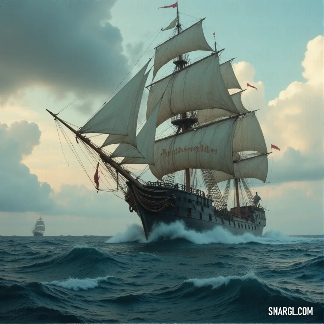 A majestic sailboat cuts through the ocean, its sails filled with wind as it navigates the restless waters under a blanket of clouds. The scene conveys the harmony of nature and human skill. A large sailboat glides gracefully through the choppy ocean under a cloudy sky. The sails are taut with the wind, and the sea reflects the moody clouds, making for a peaceful yet powerful sailing experience.