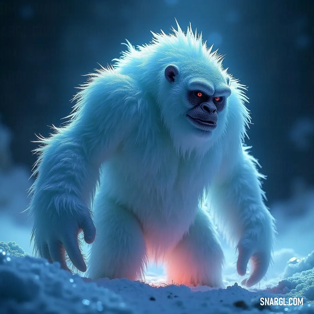 The Enigmatic Frozen One with Glowing Red Eyes The Frozen One, a striking white creature with piercing red eyes and a shimmering light emanating from its mouth, stands ominously in a snowy realm, shrouded in mystery.