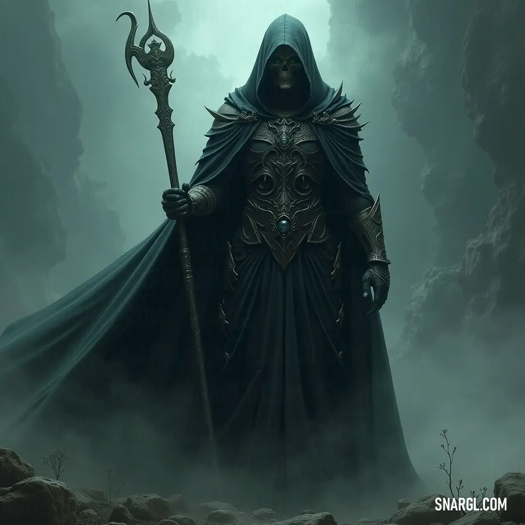 The ethereal Gatekeeper, cloaked in a billowing robe, stands poised with a sceptacle and staff, while a thick fog hugs the landscape, and a celestial sky looms above.