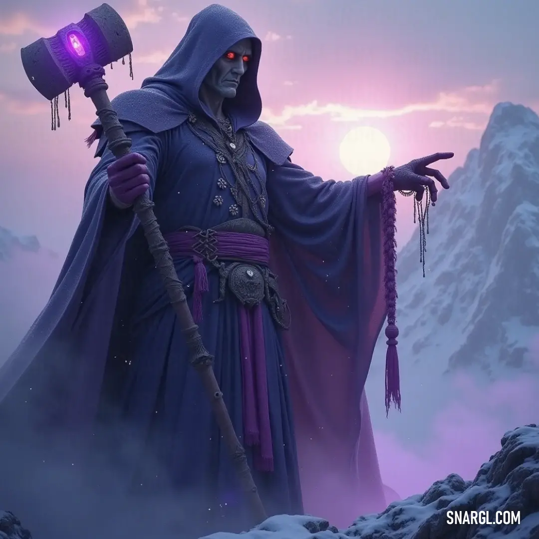 A celestial figure enveloped in regal purple fabric holds a glowing light with one hand while a vibrant orb illuminates their crown, creating a captivating spectacle against a backdrop of obscurity. A mystical guardian clad in a flowing purple robe, seizing a luminous purple light with one hand while the other cradles a pulsing orb atop their head, radiating an ethereal glow that transforms the surrounding darkness into twilight.