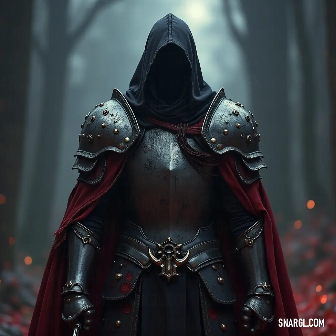 The imposing silhouette of a hooded specter draped in crimson stands cryptically in a vibrant forest, surrounded by the colors of fall. A shadowy figure in a hooded cloak and vibrant red cape stands majestically among trees draped in autumn leaves, exuding a sense of foreboding yet captivating enchantment.