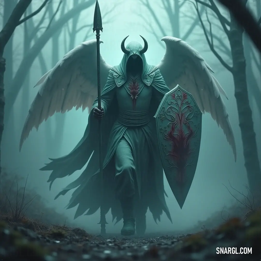 The haunting presence of the captain, with a horned head and wings, holds a sword and shield in a foggy forest, surrounded by trees and mist. A ghostly figure of a captain, with a horned head and majestic wings, brandishes a sword and shield as it stands in a foggy forest. The dense trees around are shrouded in mist, adding to the eerie atmosphere of the scene.